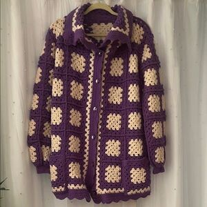 Purple and Cream Crochet Women's Sweater